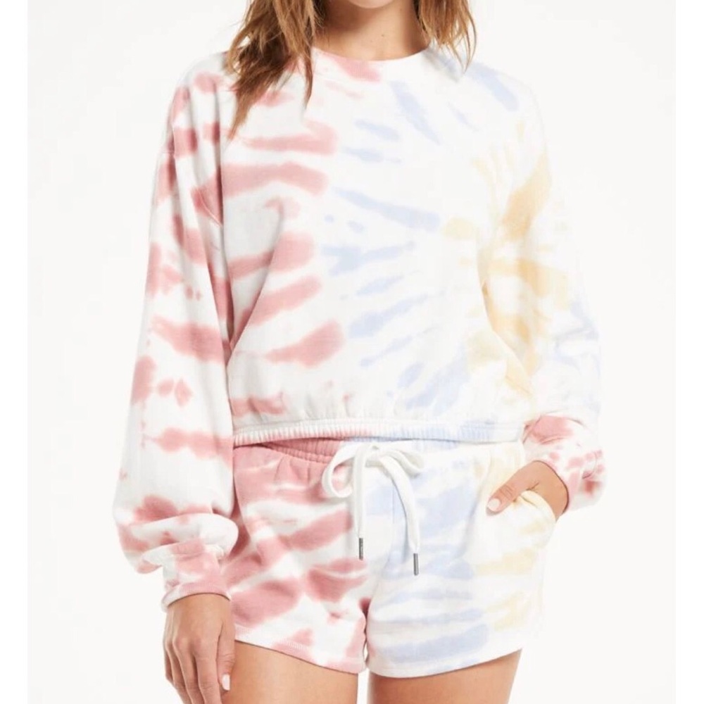 Z SUPPLY Britton White Multi Tye-Dye Crew Neck Sweatshirt and Shorts